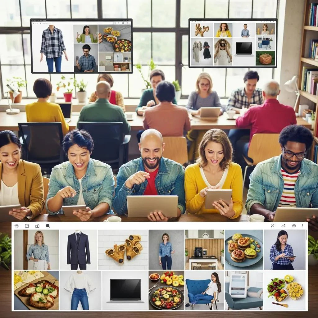 Diverse group of people engaging with eCommerce, highlighting the importance of visual content in online shopping