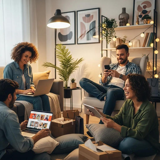 Diverse group of people enjoying online shopping on laptops and smartphones in a cozy home setting