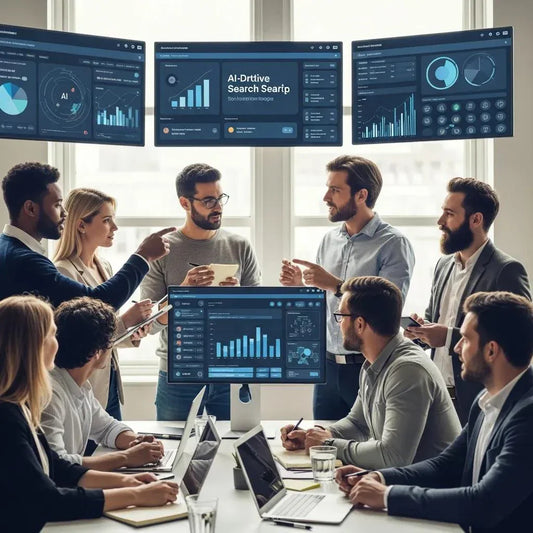Team of professionals collaborating on AI-driven search strategy in a modern office