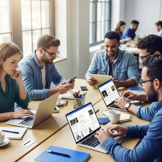 Diverse small business owners managing Google Business Profiles on laptops and smartphones in a modern workspace