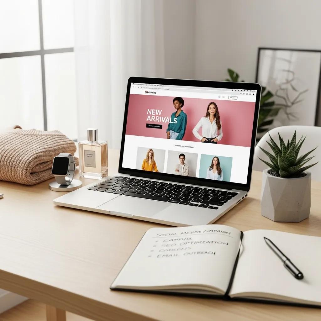 E-commerce workspace with a laptop, product samples, and marketing notes illustrating AI-driven optimization strategies