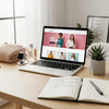 E-commerce workspace with a laptop, product samples, and marketing notes illustrating AI-driven optimization strategies