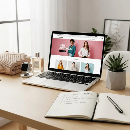 E-commerce workspace with a laptop, product samples, and marketing notes illustrating AI-driven optimization strategies