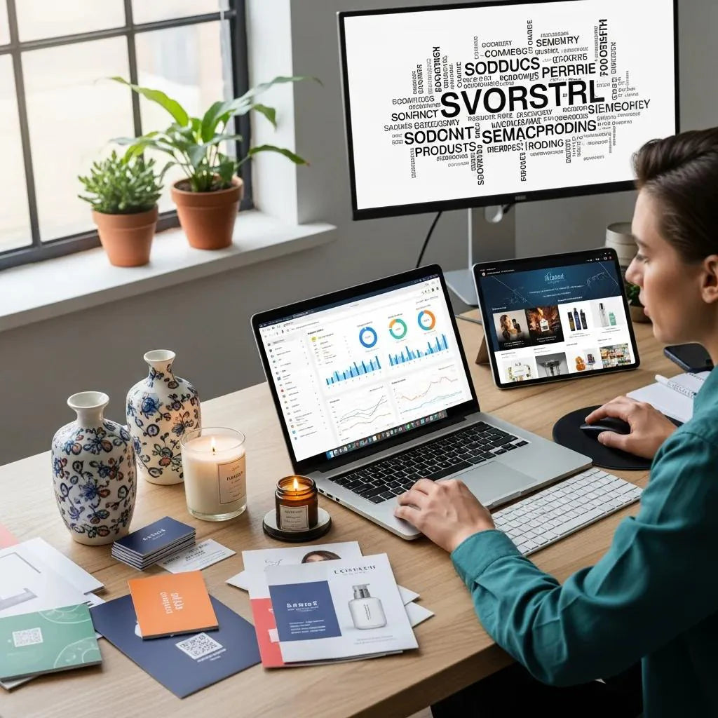 E-commerce workspace with laptop showing SEO analytics and marketing materials