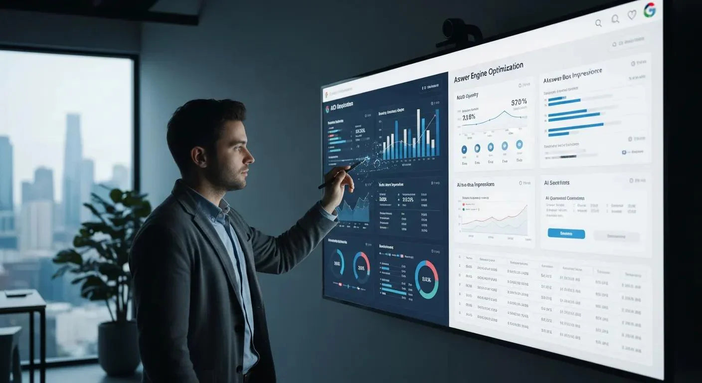 Person reviewing AEO and AI search data on a digital workspace