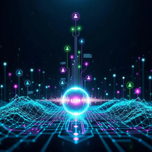 Futuristic digital landscape illustrating LLM visibility with AI elements and data flow