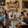 Local business owner engaging with customers in a cozy coffee shop, emphasizing community and connection