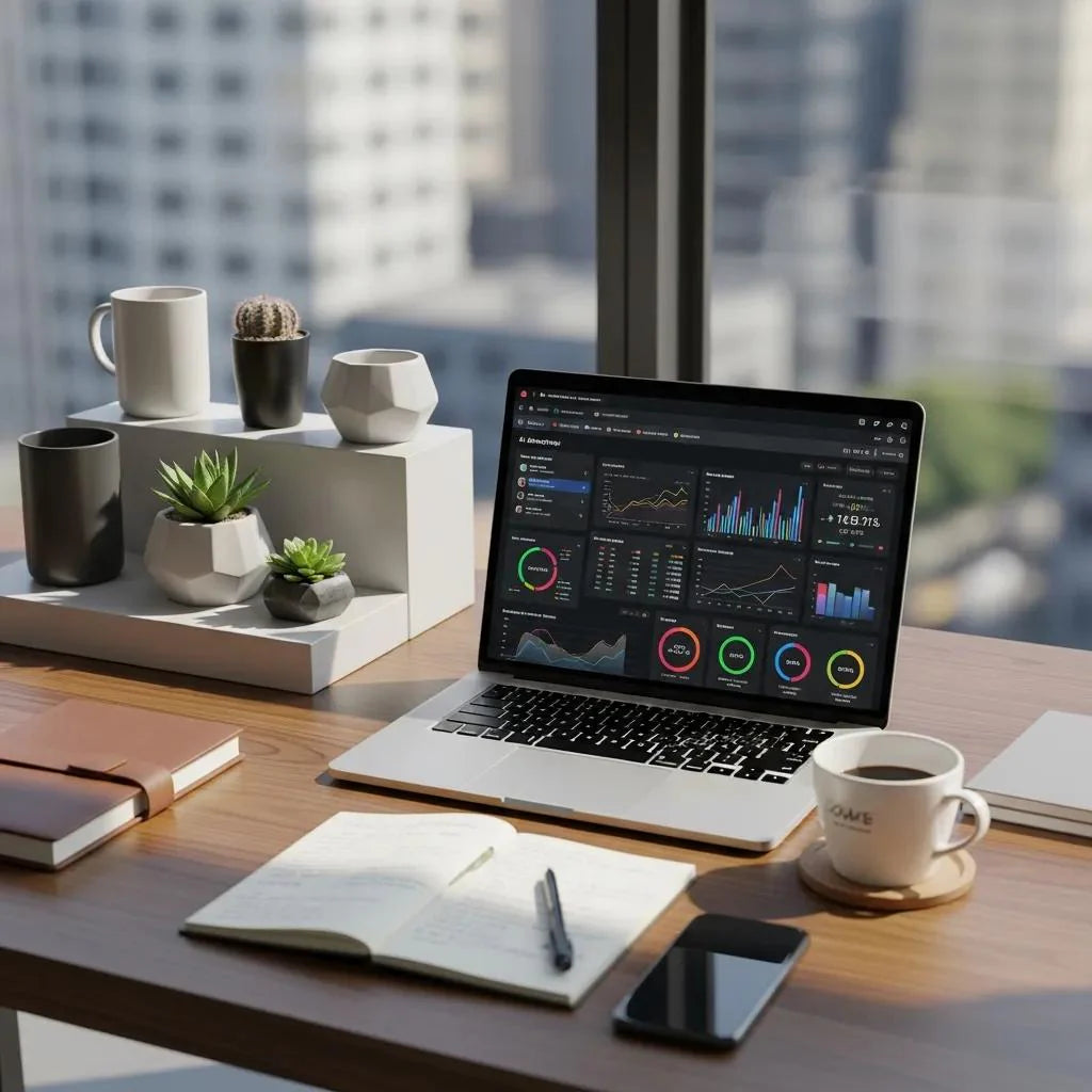 Modern e-commerce workspace with AI analytics on laptop screen
