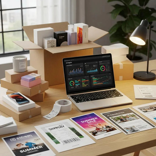 Modern eCommerce workspace showcasing AI analytics and shopping items
