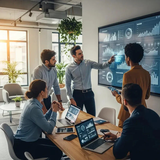 Team analyzing data in a modern office, focusing on AI visibility assessment strategies