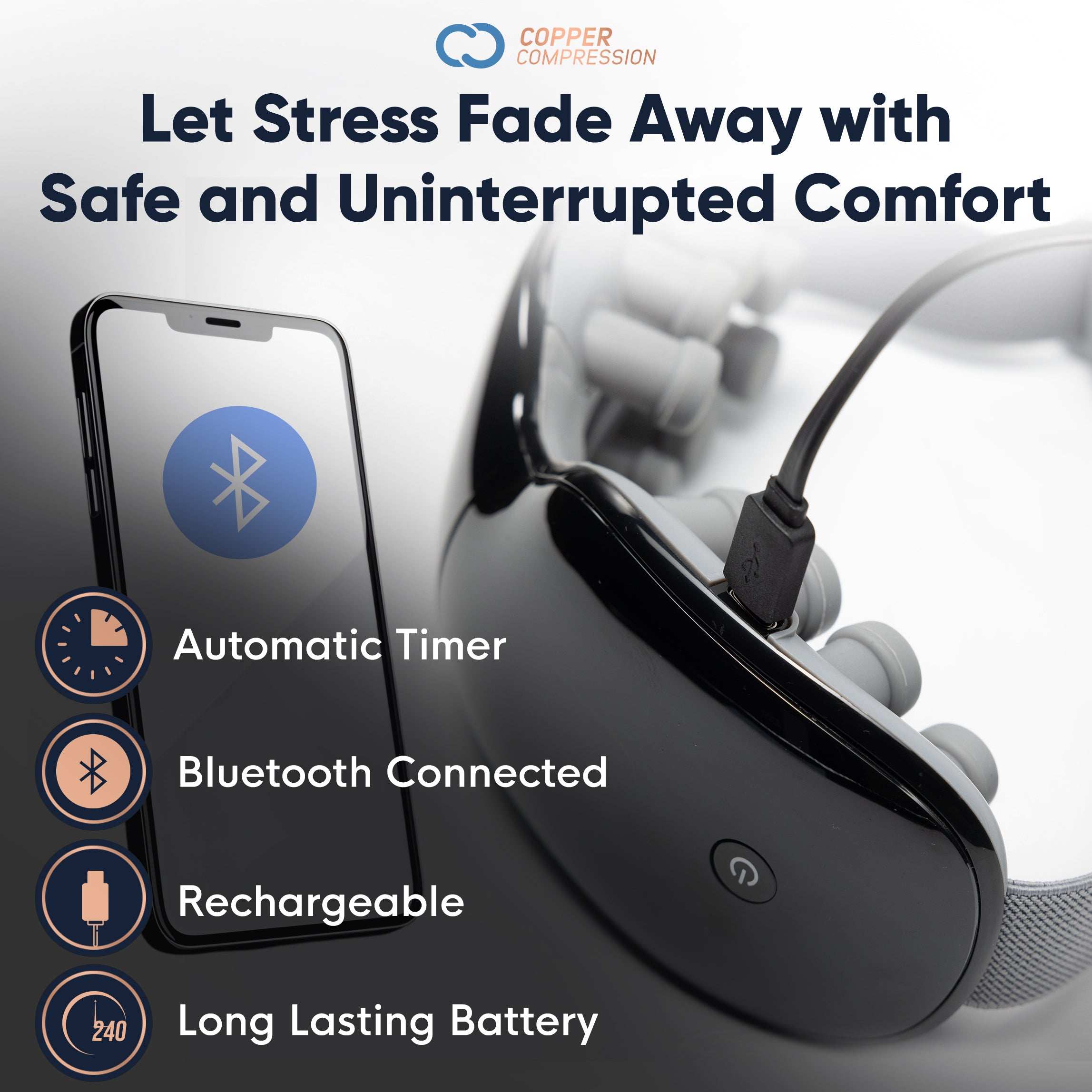 Eye Compression with electronic device and smartphone showing Bluetooth symbol, text about stress relief and product features.