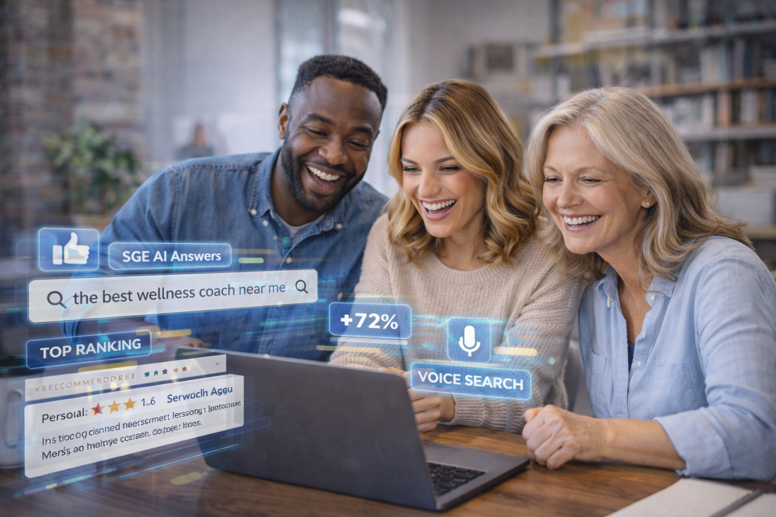 Three people looking at a laptop with AI and voice search call out buttons around them