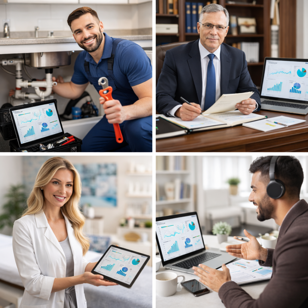 Collage of four professional images: a plumber, a businessman, a doctor, and a businessman with headphones.