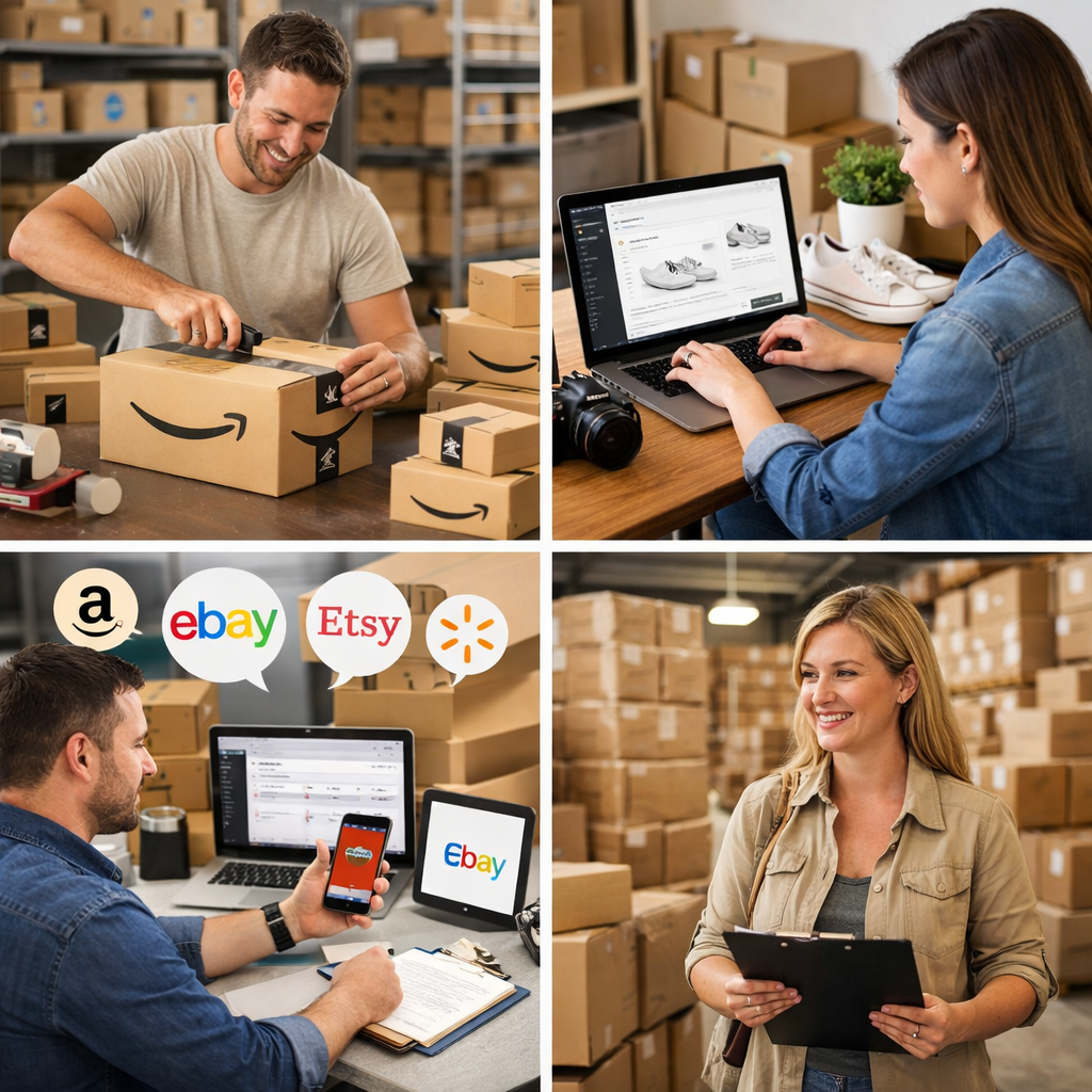 image of a 4-quadrant collage. upper/left: Amazon seller, show amazon boxes, upper/right: Shopify seller, show they are adding a product to their Shopify site on a laptop, show the product on their desk, lower/left someone who sells on multi-channels, lower/right a woman at her suppliers with a bunch of boxes in the background