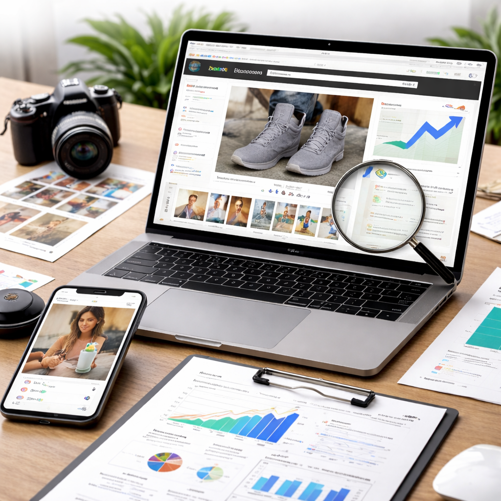 Laptop with open webpage, smartphone, camera, and documents on a desk.
