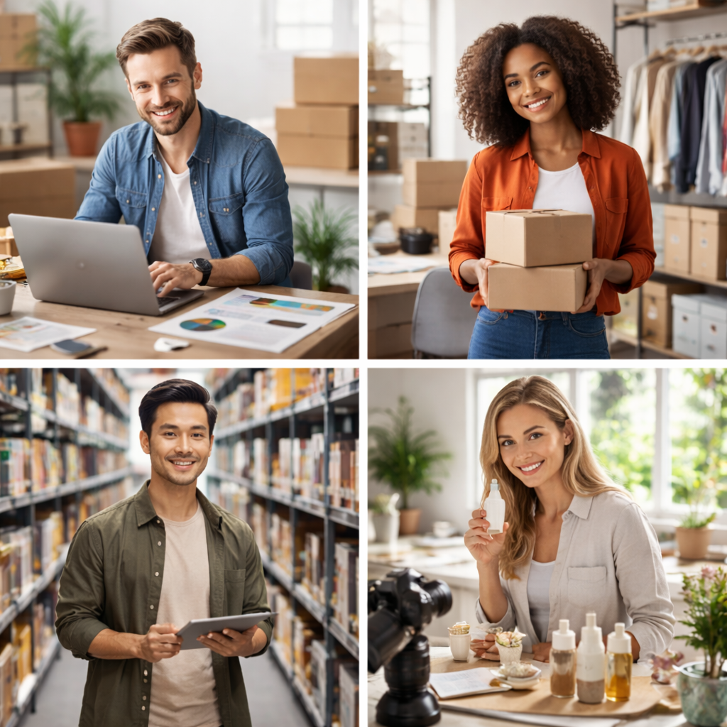 Collage of four people in different settings: a man at a desk, a woman with boxes, a man in a warehouse, and a woman in a kitchen.