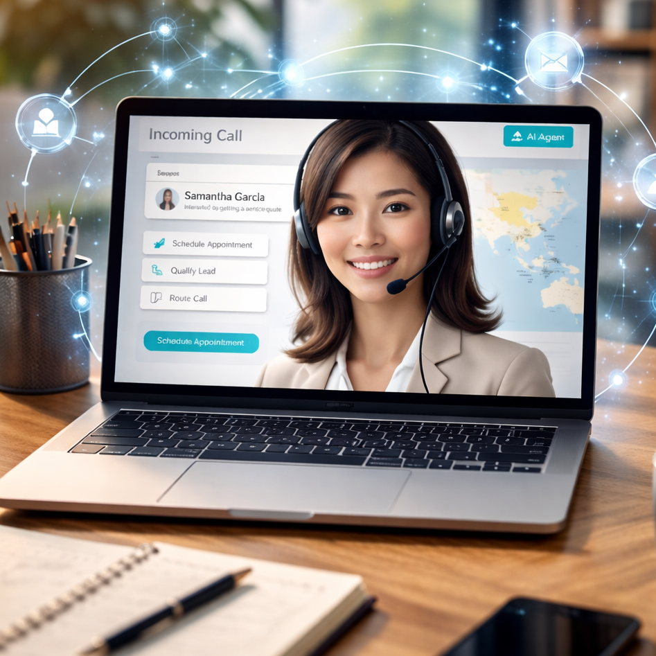 Laptop on a desk with a call center agent on the screen, surrounded by office items.