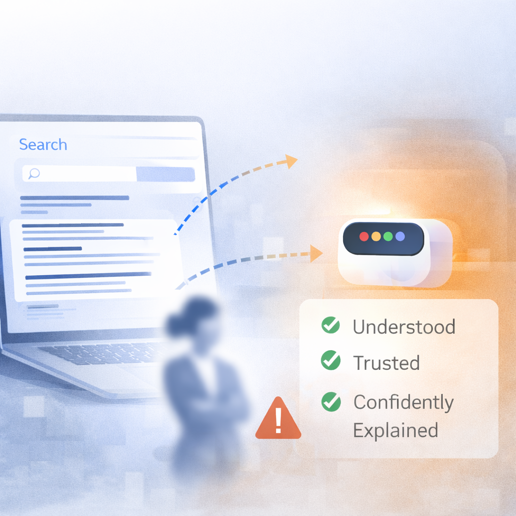 Laptop with a chatbot interface and text 'Understood, Trusted, Confidently Explained' on a blurred background