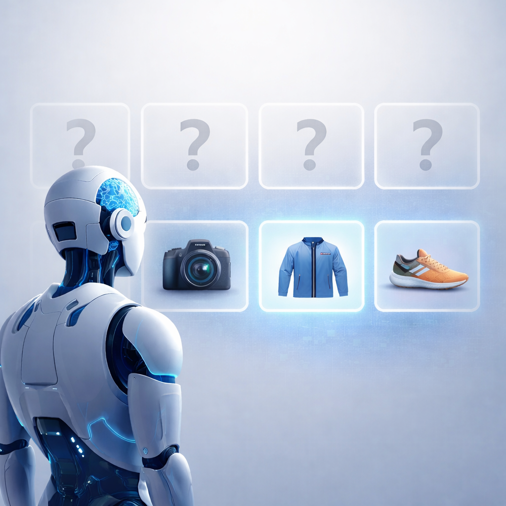 Robot with a brain illustration facing four product images on a light gray background
