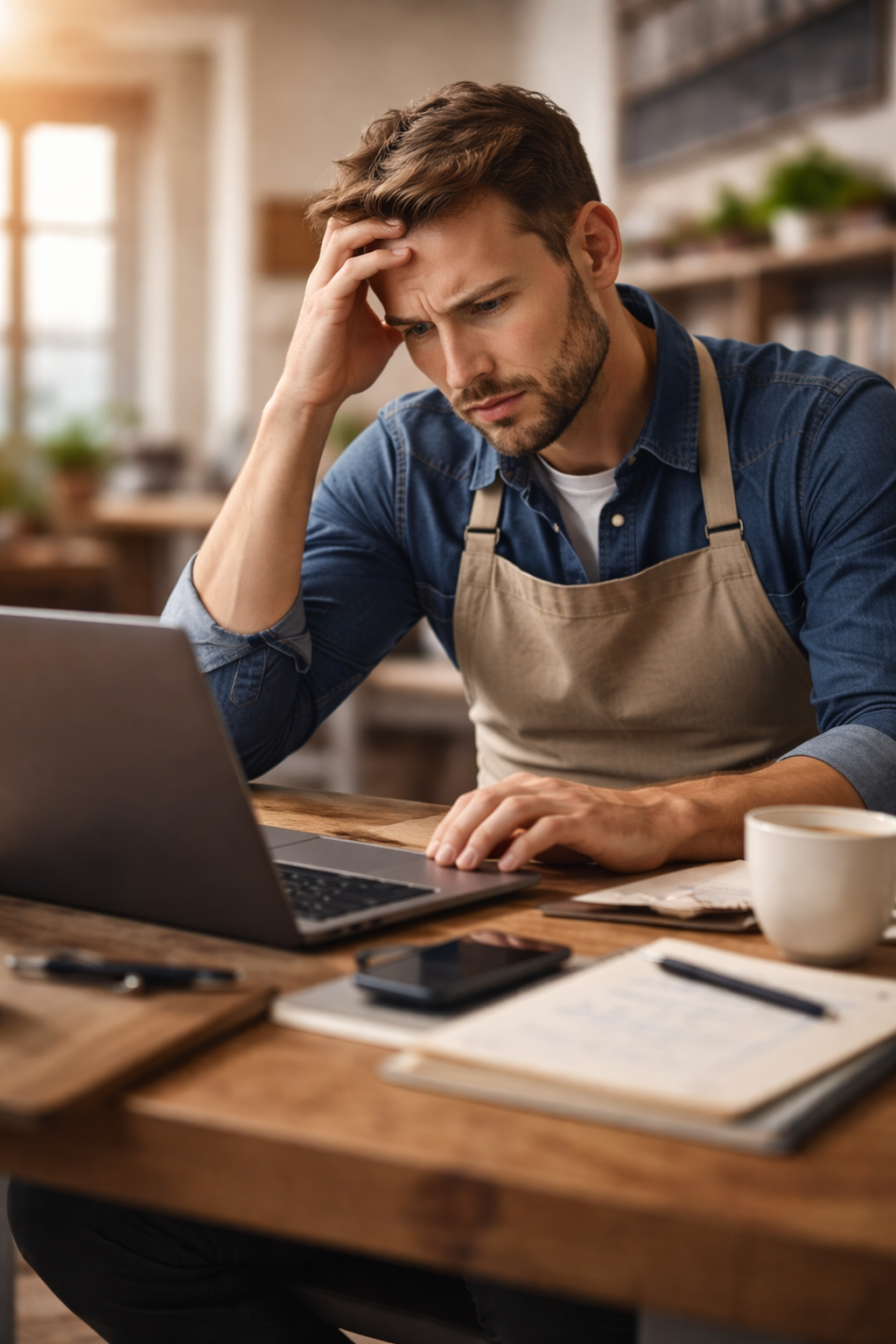 Man in an apron working on a laptop at a desk with a cup and phone nearby.