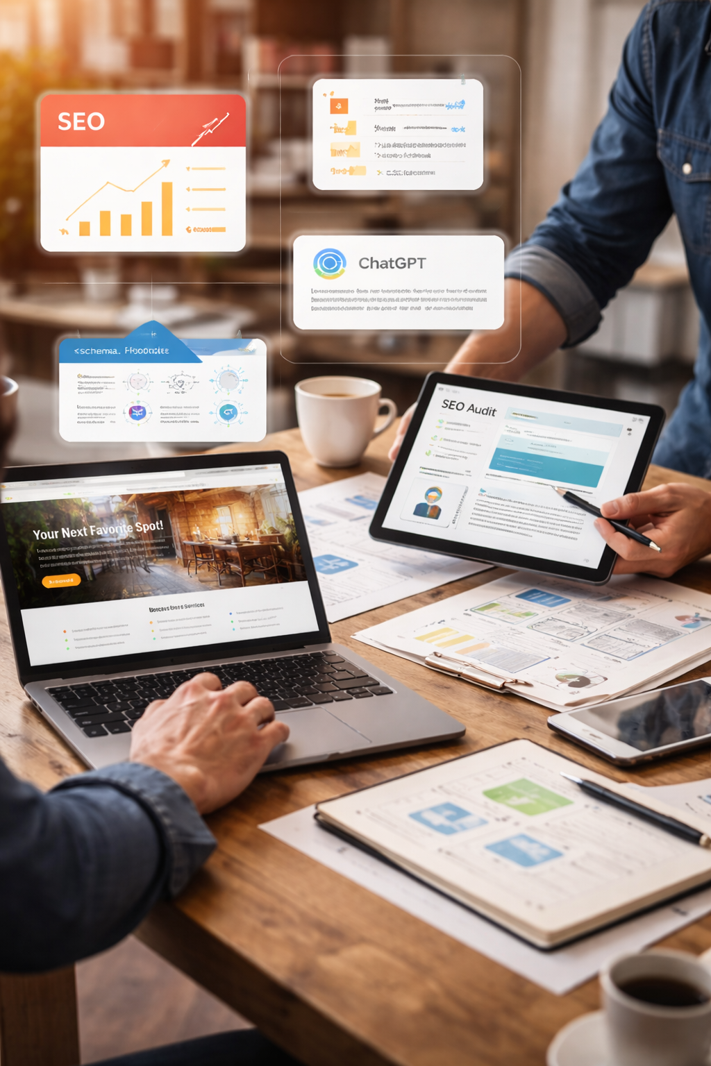Two people working at a desk with laptops and tablets, surrounded by digital icons on a blurred background.