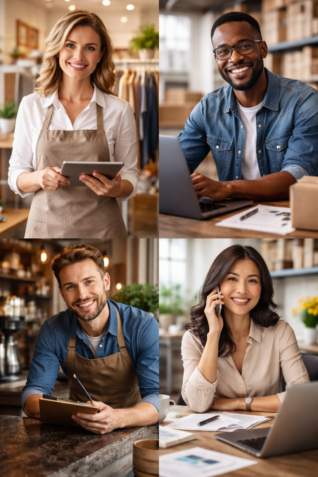 Four-quadrant portrait collage showing diverse business owners in different work settings: a retail boutique owner holding a tablet, an ecommerce entrepreneur working on a laptop, a café owner with a clipboard, and a service professional speaking on the phone at her desk, each in a well-lit professional environment.