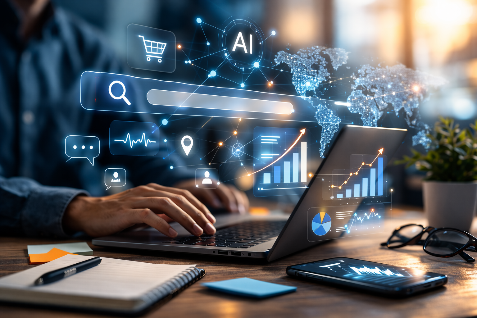 Person using a laptop with AI and data visualization graphics on a blurred background