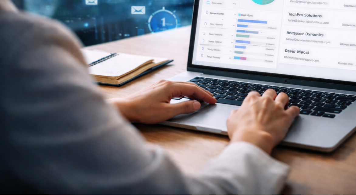 Person using a laptop with a dashboard on the screen at a desk.