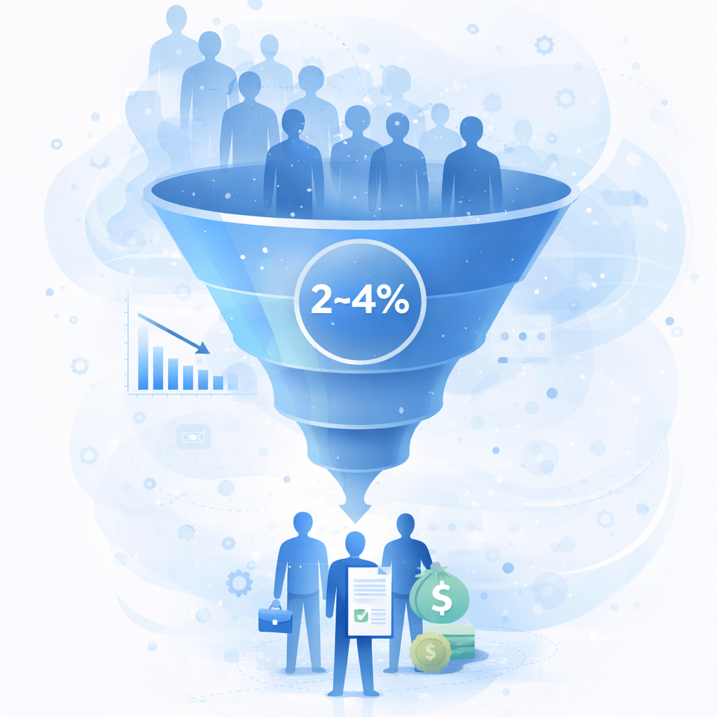 Blue funnel with people inside and a smaller funnel with 2-4% at the top, on a light blue background.