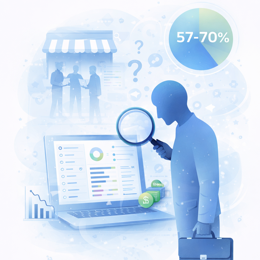 Person with magnifying glass inspecting a laptop with data, surrounded by icons and percentages.