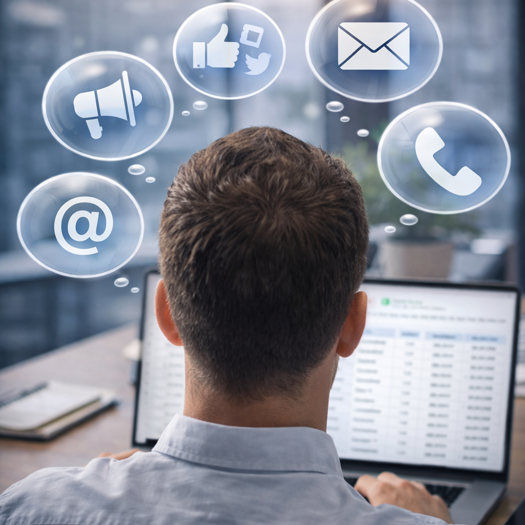 Man using a computer with social media icons above his head in an office setting