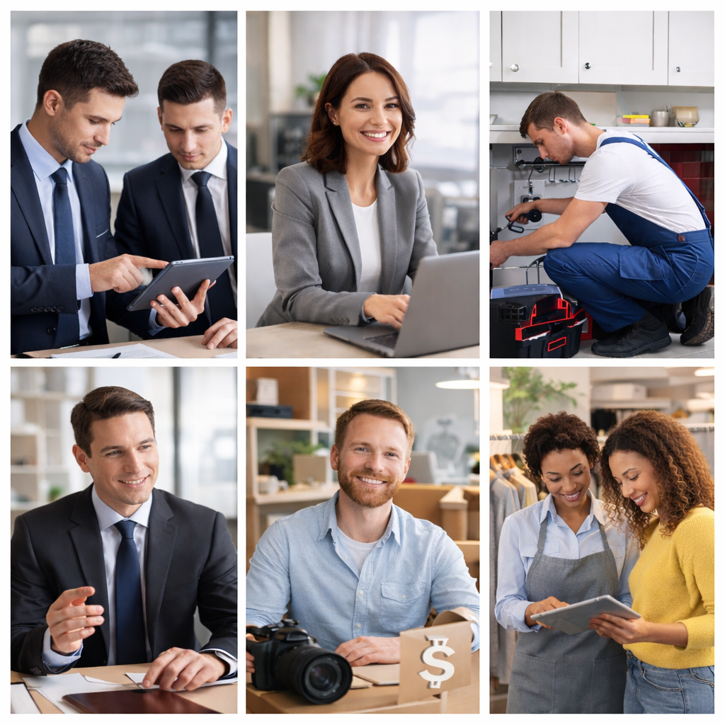 Collage of people in various professional and casual settings.