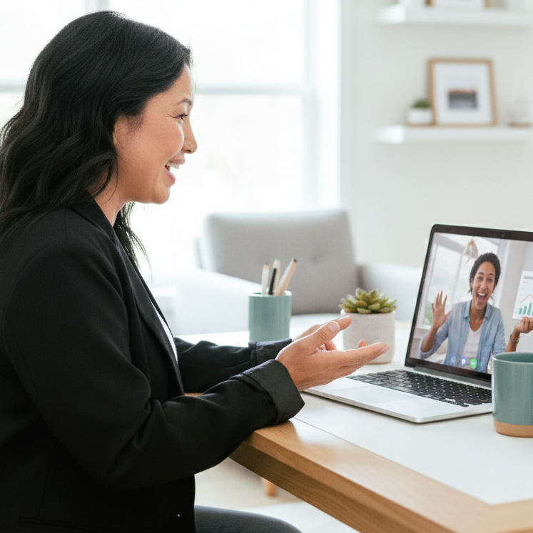 Woman in a video call with a colleague at a desk with a laptop and coffee mugs.