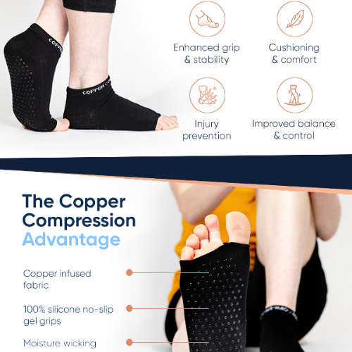 Example of Amazon A+ Content of black compression socks with text highlighting benefits on a white background